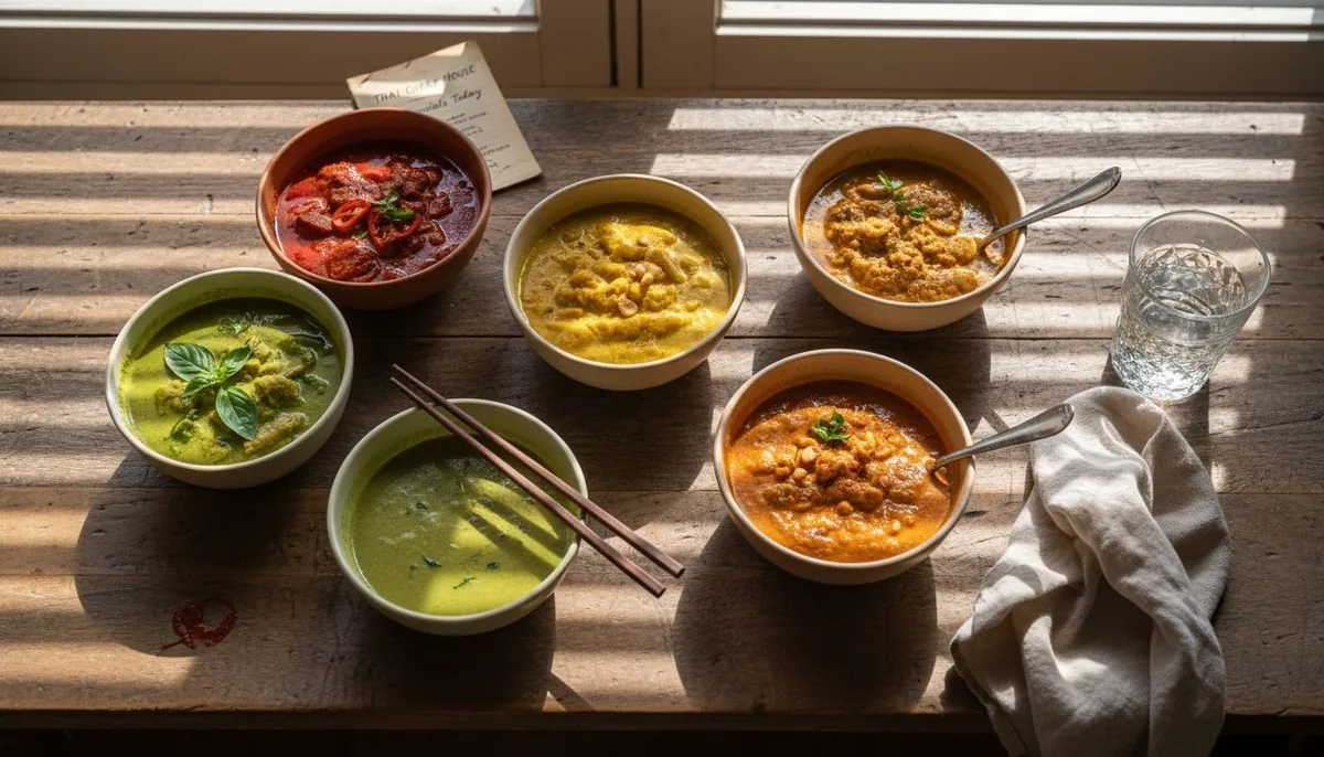 Overhead view of seven Thai curries on rustic table