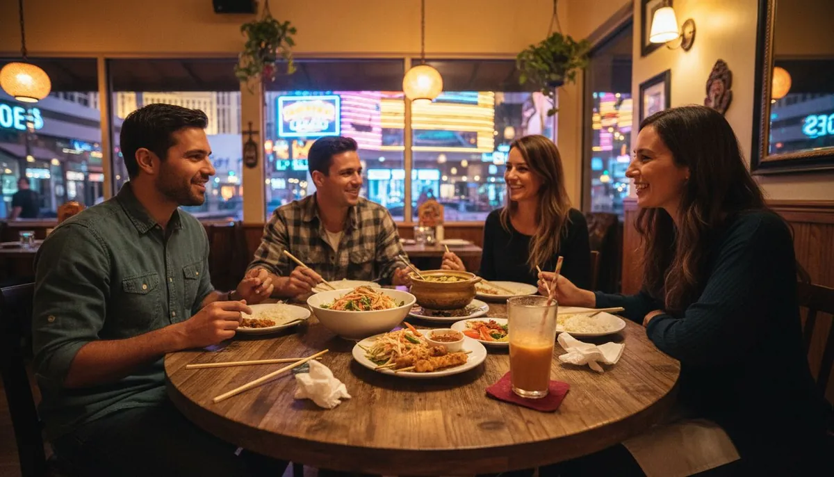 Friends sharing authentic Thai food in Vegas restaurant