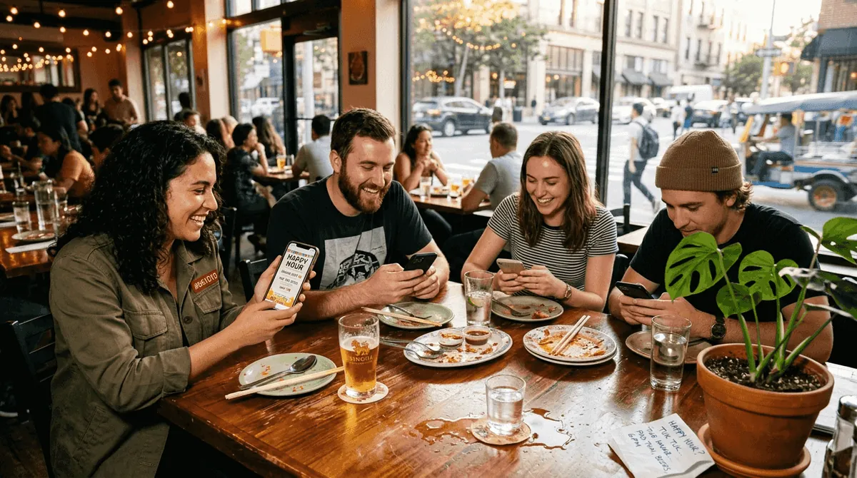 Friends searching for Thai happy hour deals