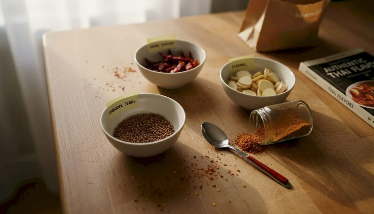 Various Thai spice ingredients on table