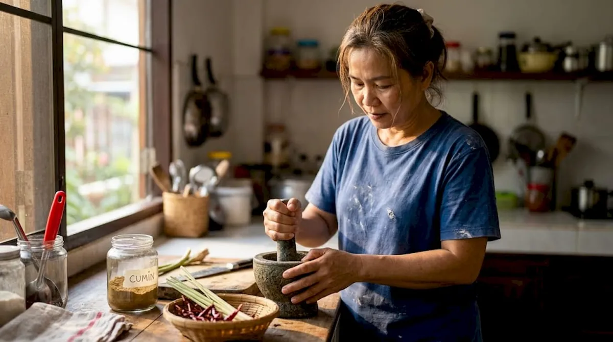 Home cook grinding Thai spices in kitchen