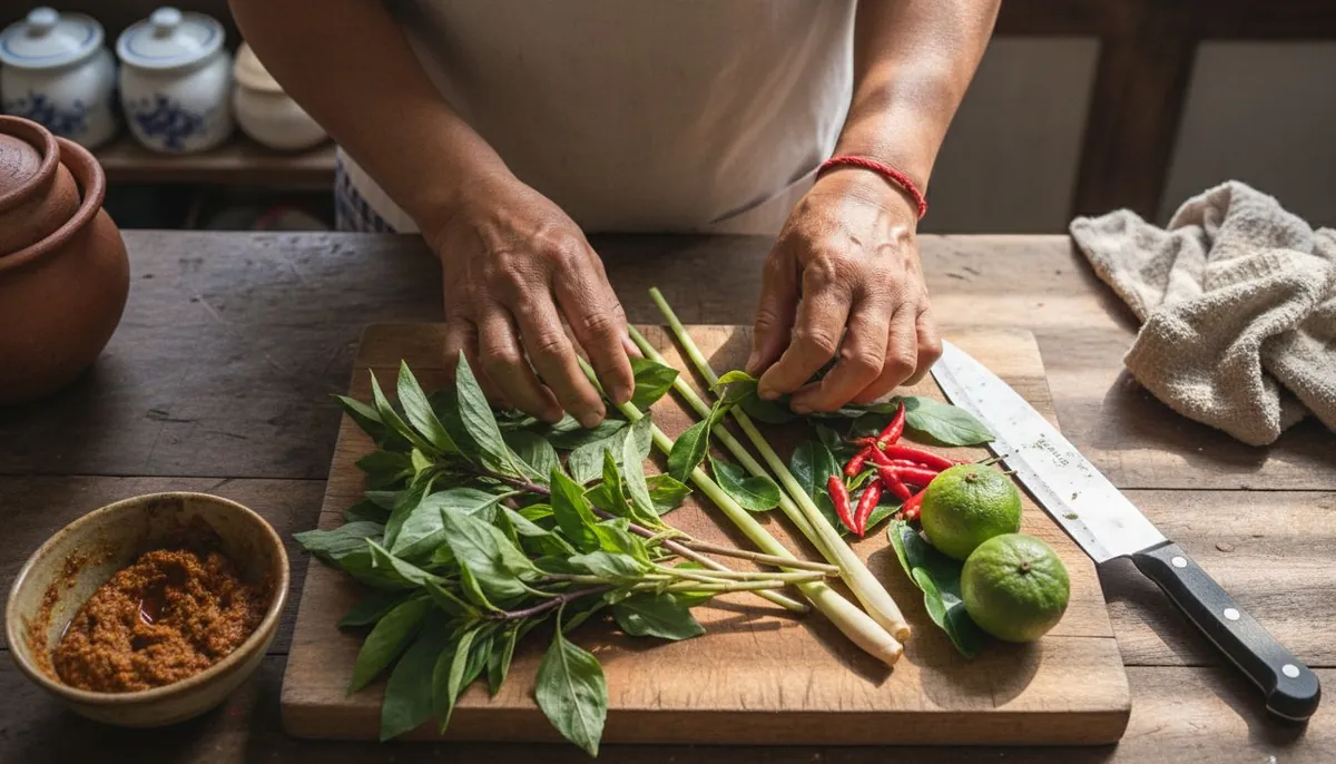 Hands preparing Thai herbs and spices