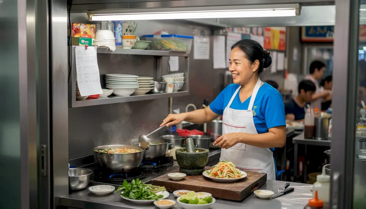 Chef prepares gluten-free Thai dishes in busy kitchen