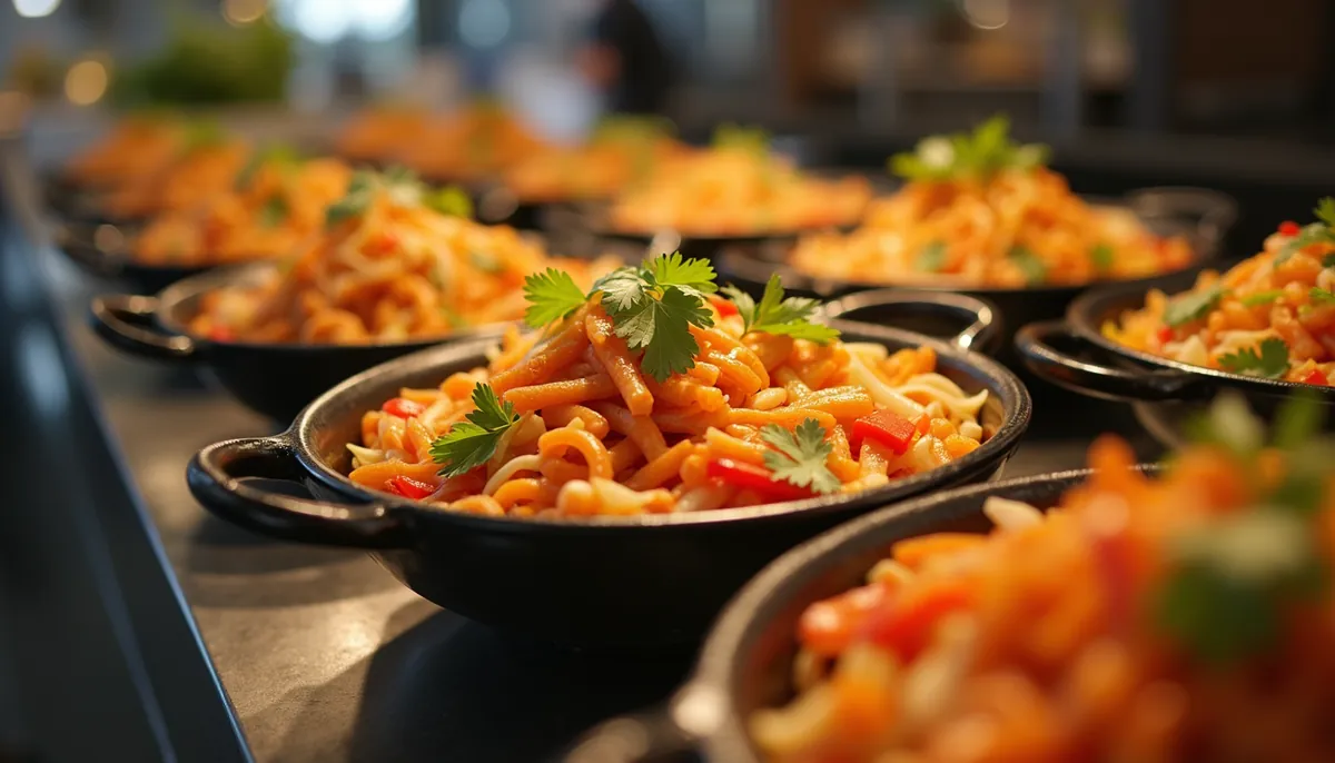 Close-up of a Thai catering buffet with colorful dishes