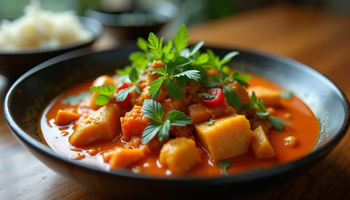 Eye-level view of a colorful Thai curry dish with fresh herbs