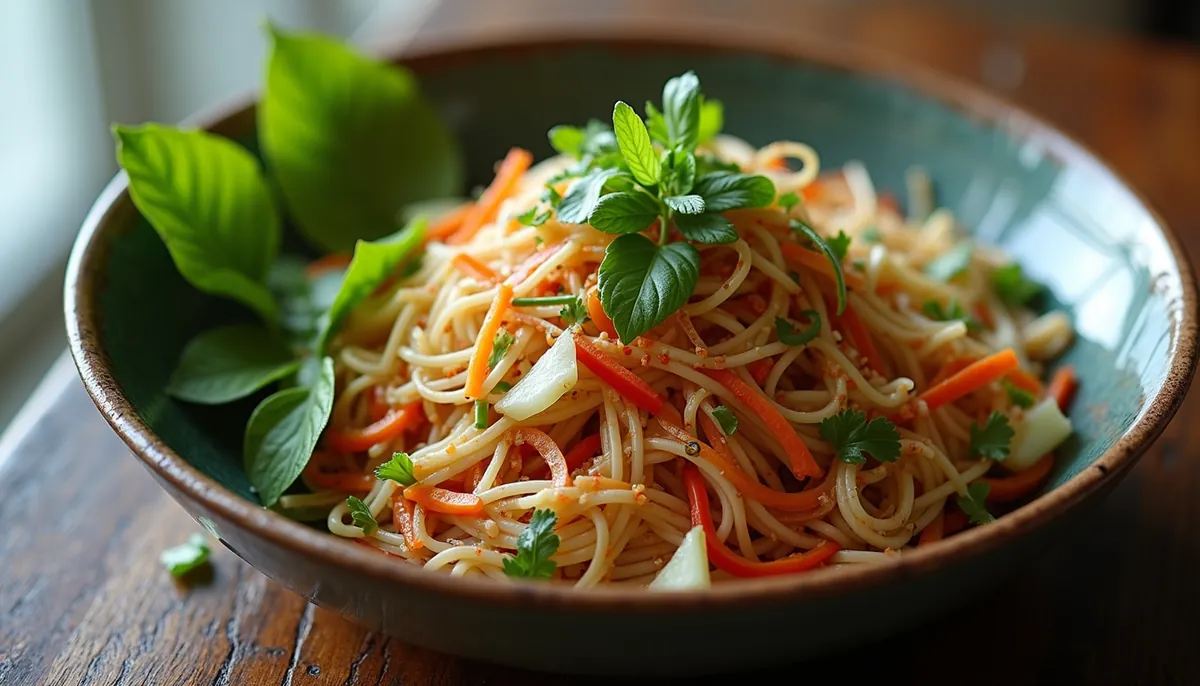 High angle view of a Thai salad with fresh vegetables and herbs