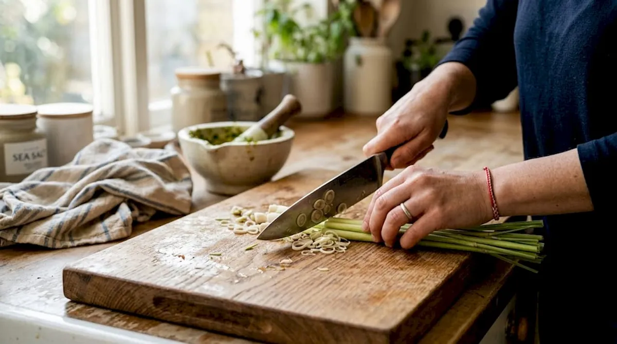 Hands slicing lemongrass for Thai cooking