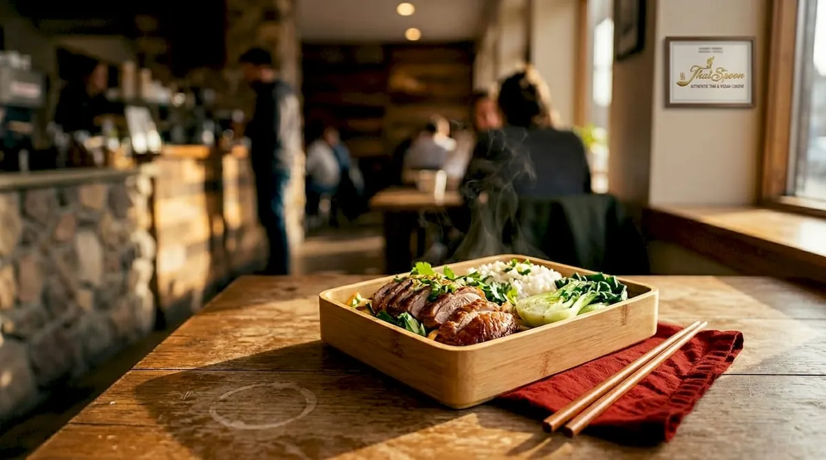 Chinese roast duck rice plate in takeout box