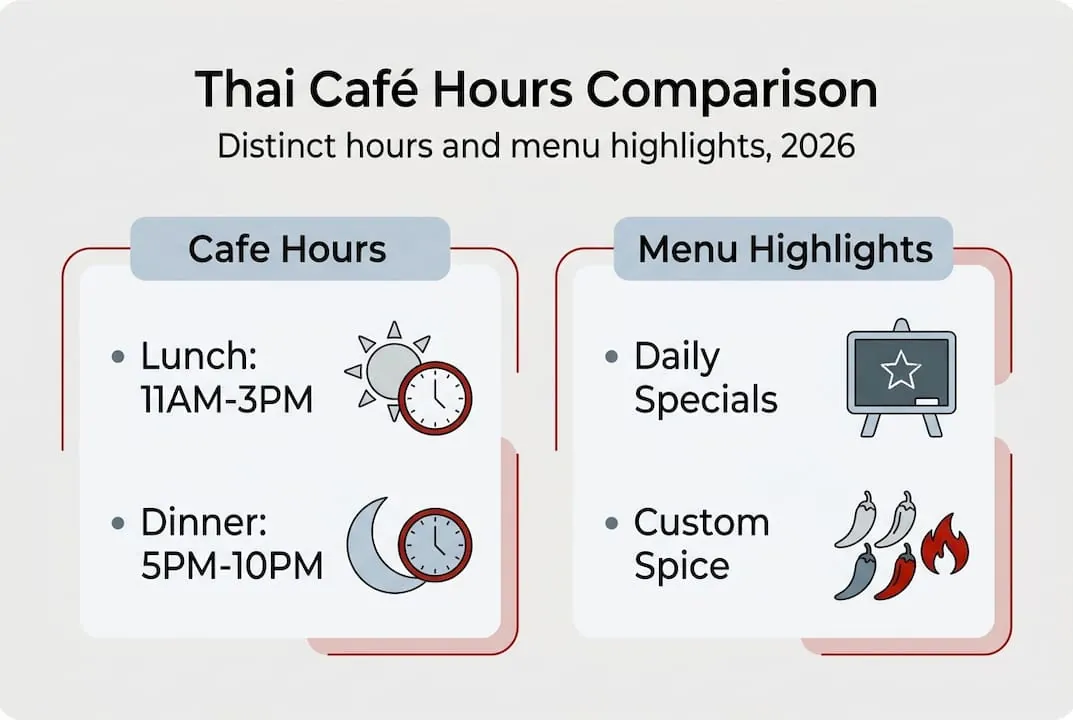 Infographic comparing Thai café hours and menus