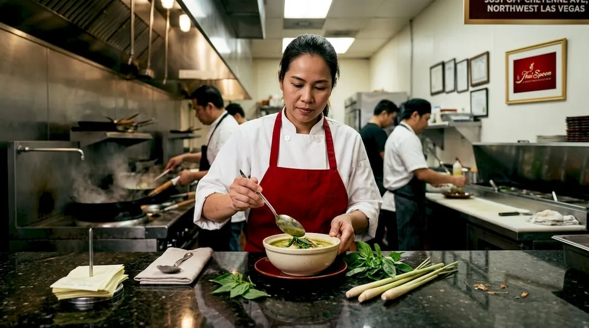 Chef serving Thai curry at busy Las Vegas restaurant