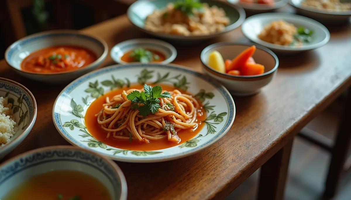 High angle view of a beautifully arranged Thai feast with multiple dishes on a wooden table