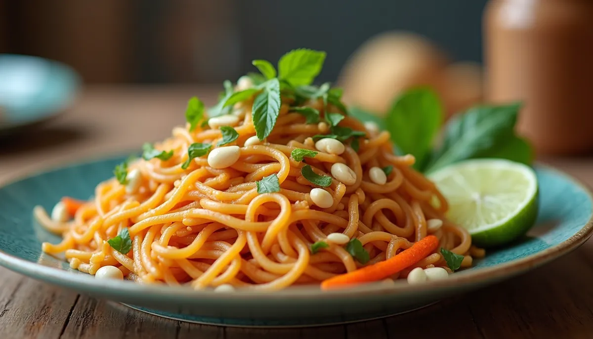 Close-up view of a colorful Thai Pad Thai dish garnished with lime and peanuts