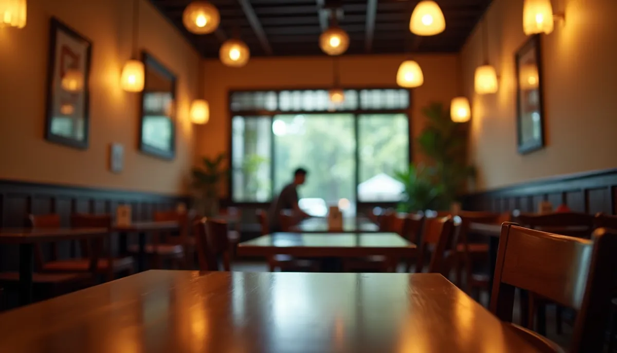 Eye-level view of a cozy Thai restaurant interior with wooden tables and warm lighting