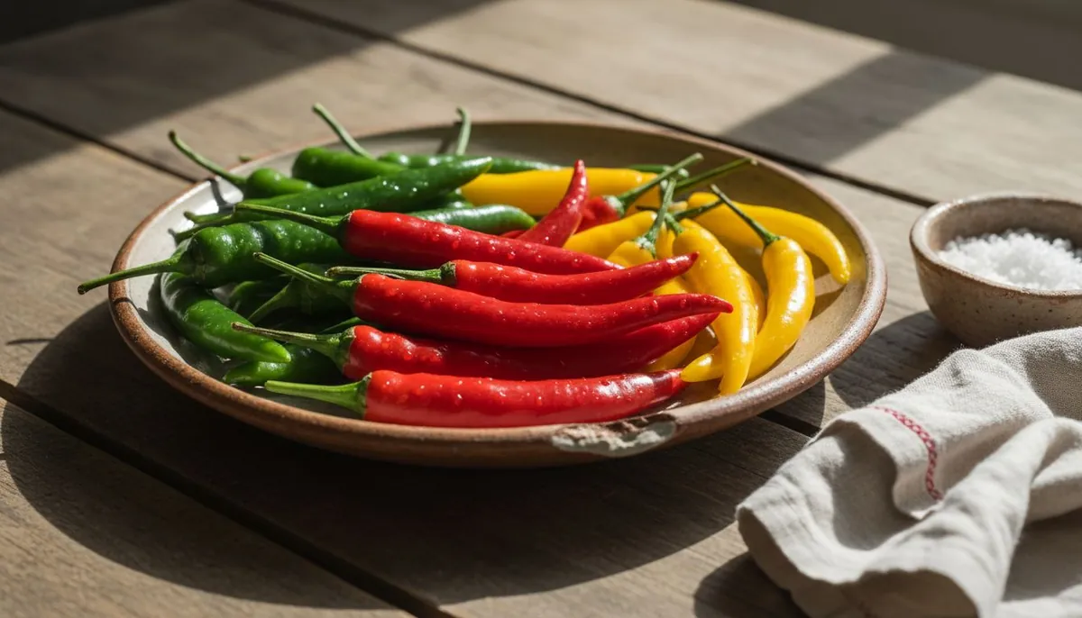 Plate of colorful Thai chili peppers