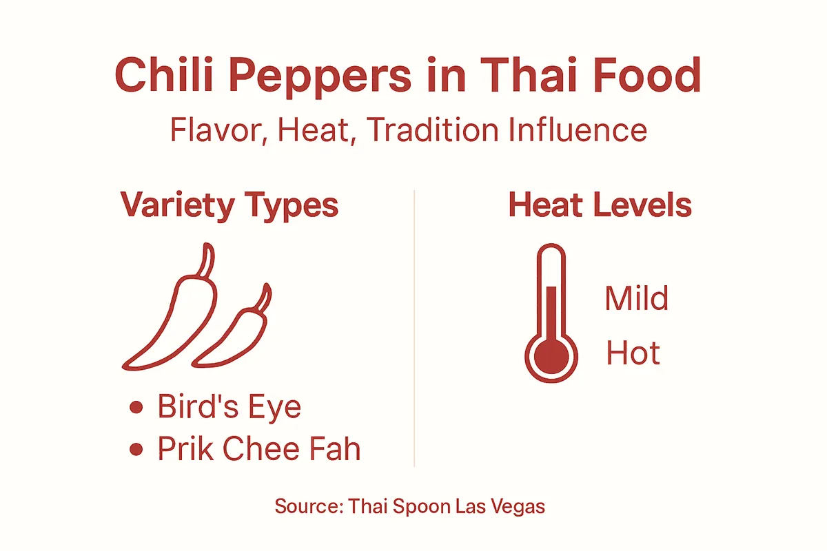 Infographic with types and heat levels of Thai chilies