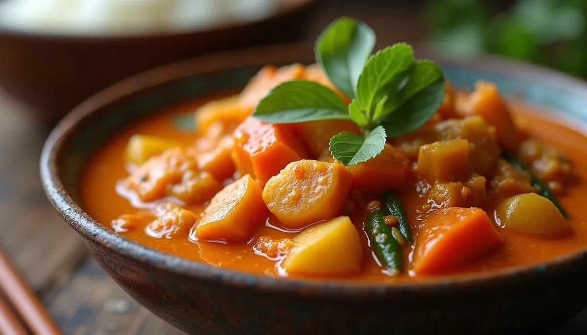 Close-up view of a colorful Thai curry dish served in a traditional bowl