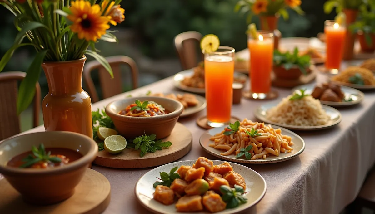 High angle view of a beautifully decorated event table with Thai dishes and drinks