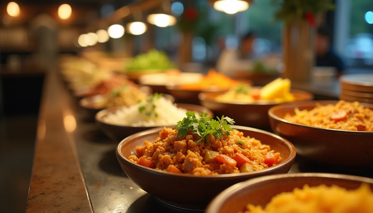 Eye-level view of a beautifully arranged Thai food buffet with colorful dishes