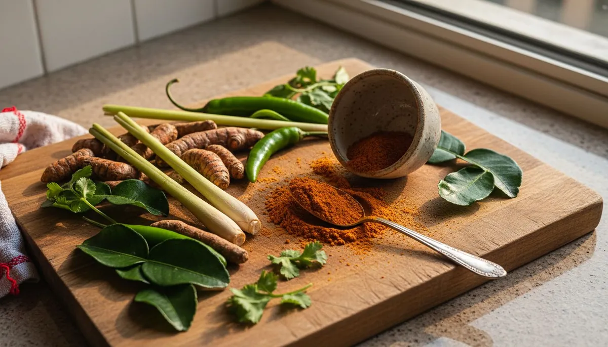 Thai curry spices scattered on cutting board