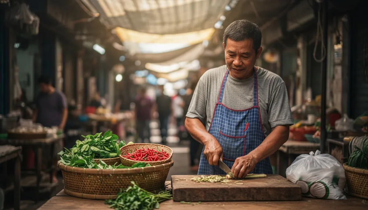 Thai chef preparing fresh herbs at busy market
