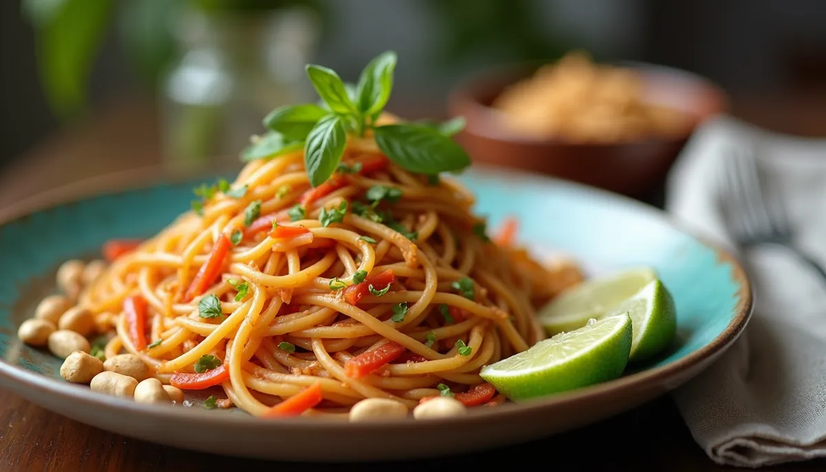 Close-up view of a colorful plate of Pad Thai with peanuts and lime wedges