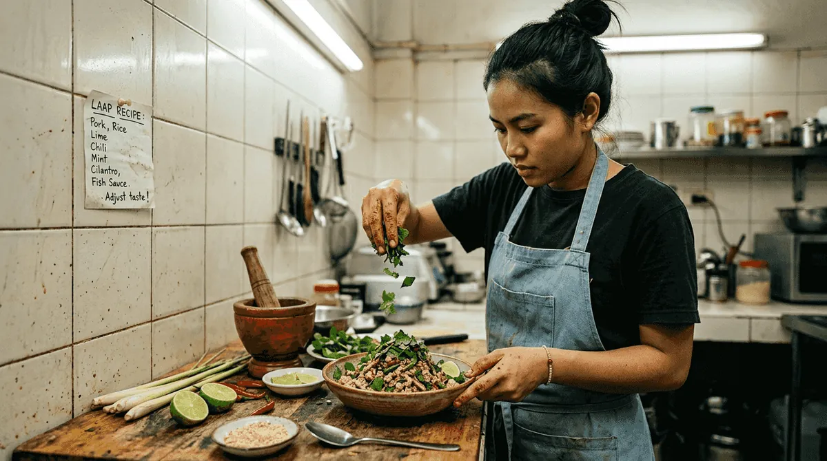Chef preparing Laos laap salad with herbs