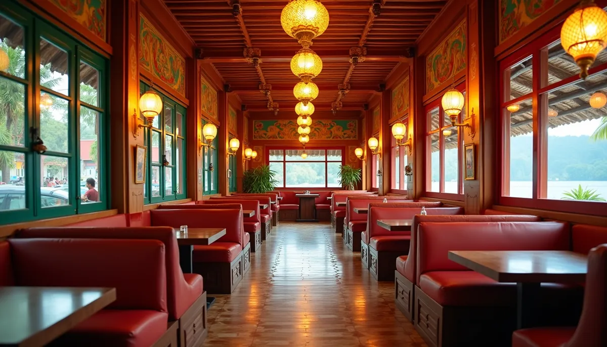 Eye-level view of a colorful Thai restaurant interior with traditional decor