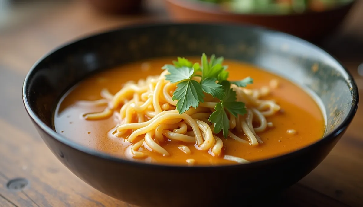 Close-up view of a bowl of Khao Soi, a Northern Thai curry noodle soup