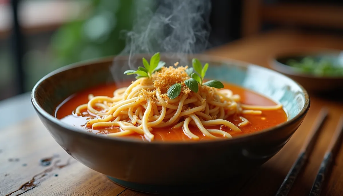 Close-up view of a steaming bowl of Thai noodle soup with crispy toppings