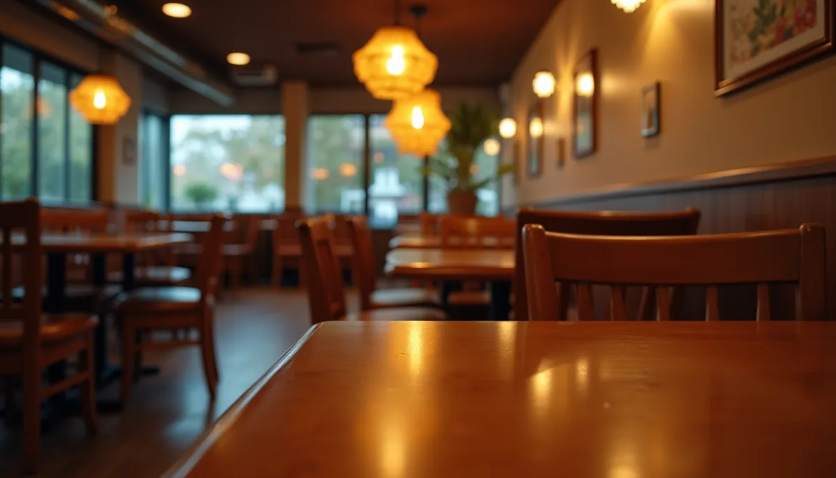 Eye-level view of a cozy Thai restaurant interior with wooden tables and warm lighting