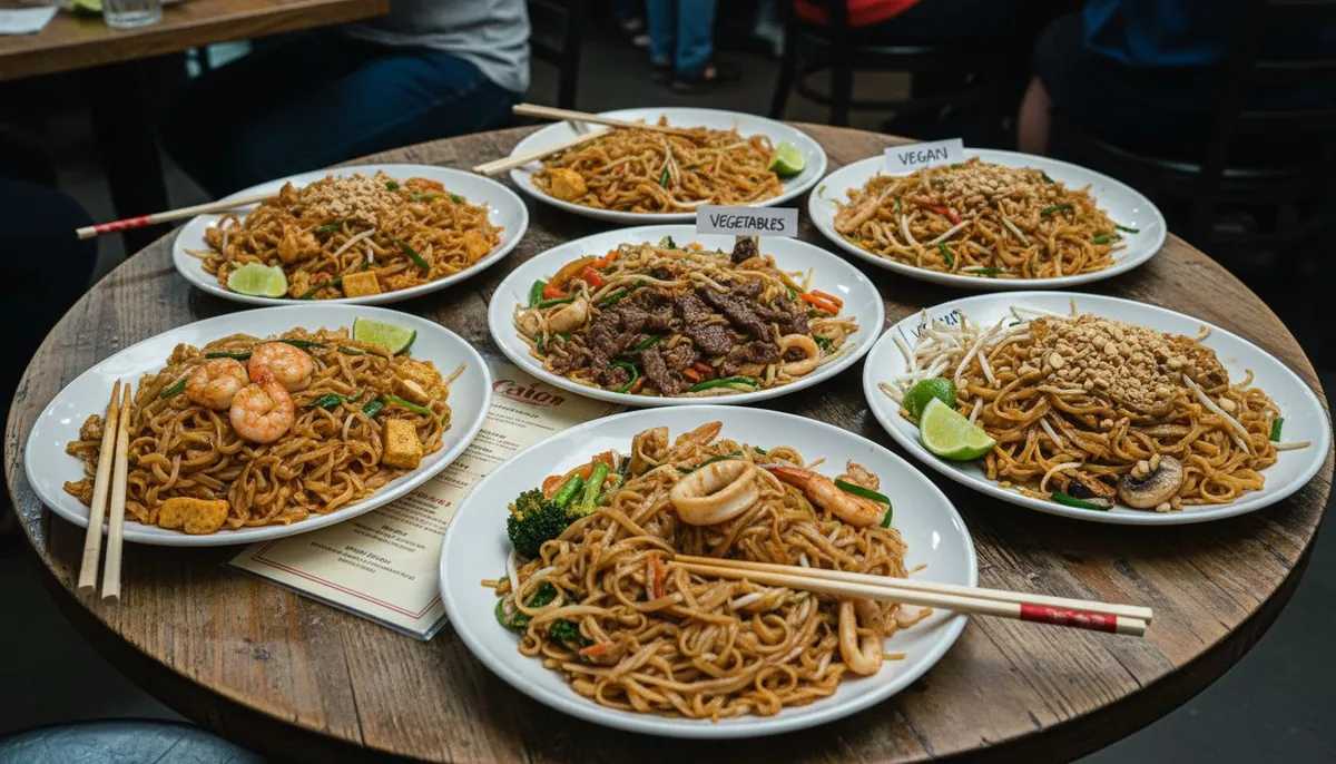 Seven Pad Thai varieties on a busy restaurant table