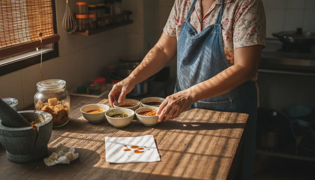 Thai chef arranging assorted sauces in kitchen