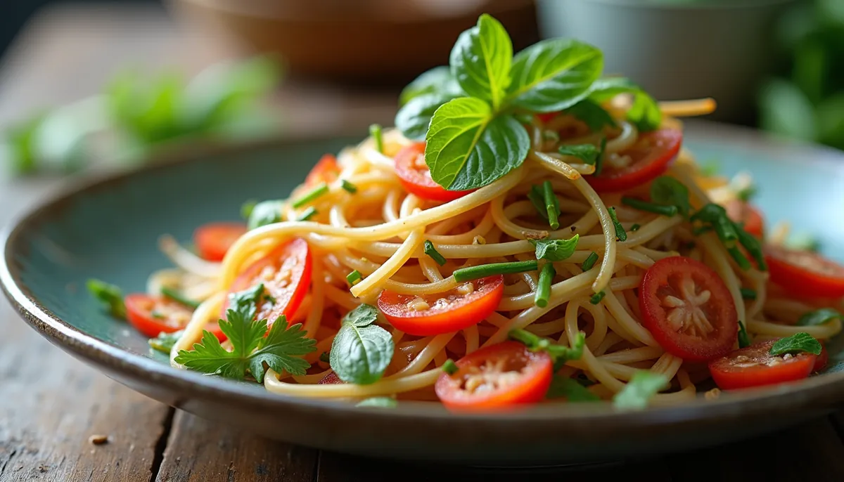 Close-up view of a colorful Thai salad with fresh vegetables and herbs