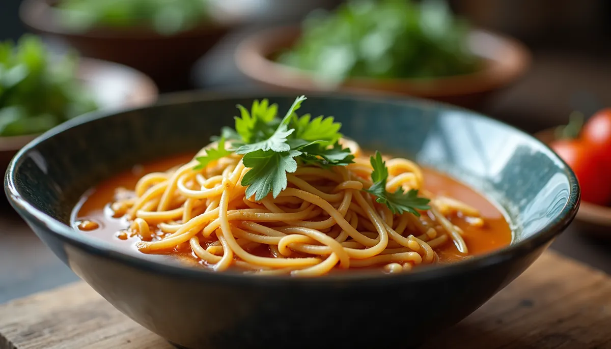 Eye-level view of a bowl of Khao Soi with crispy noodles and fresh herbs