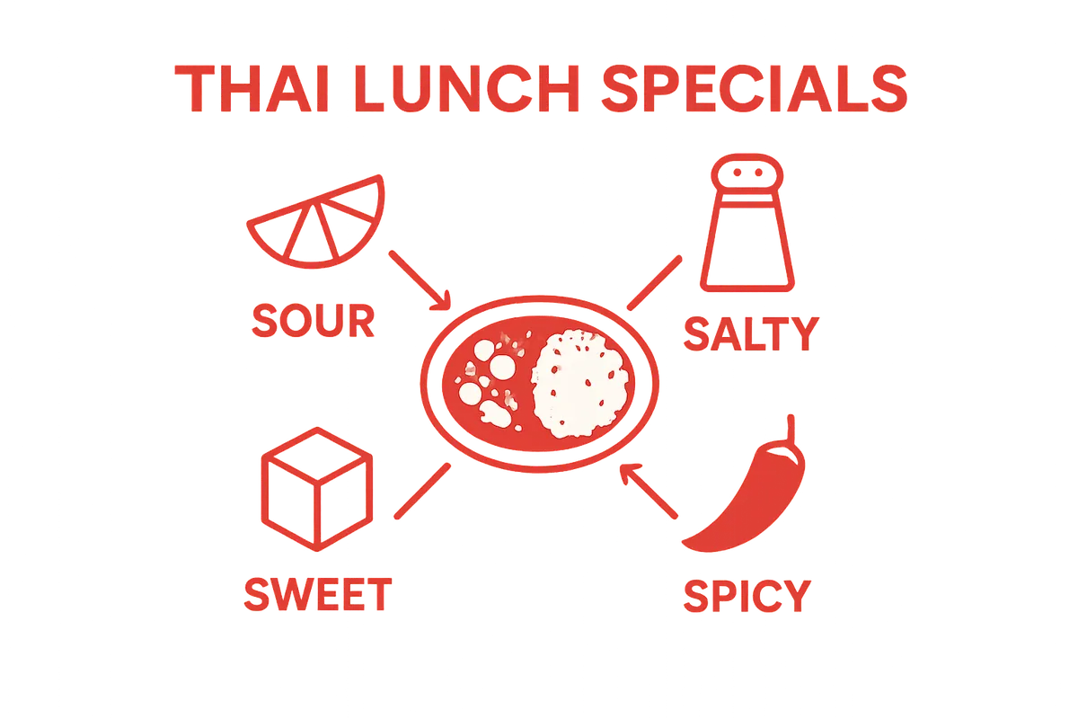 Infographic showing four Thai flavors: sweet, sour, salty, spicy