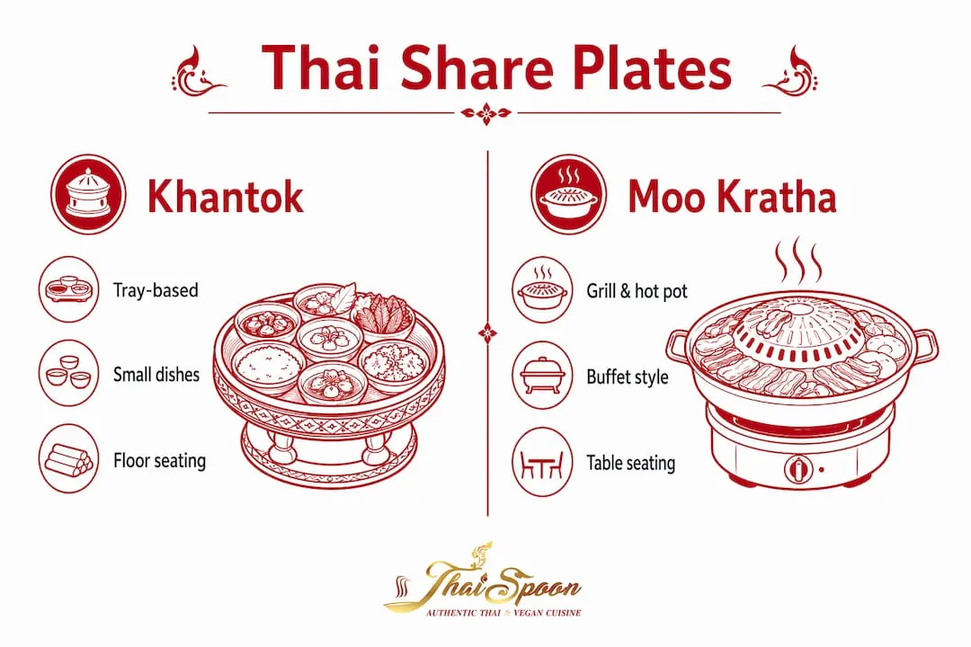 Infographic comparing Khantok and Moo Kratha Thai share plate styles