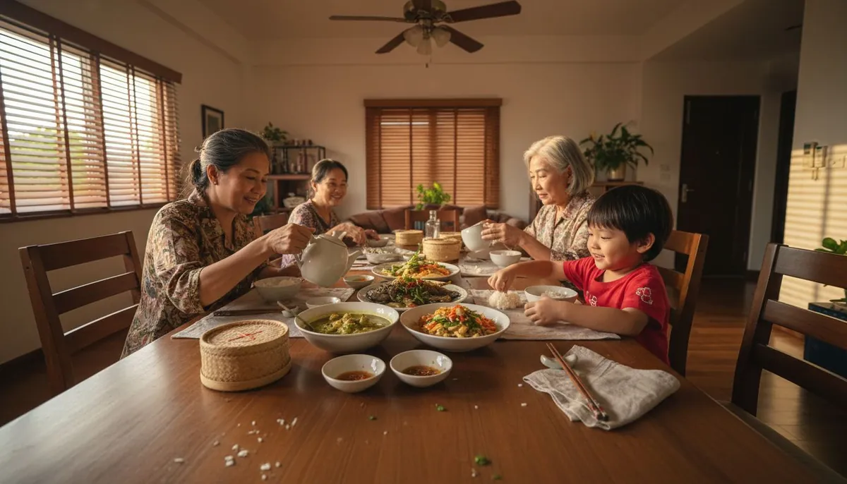 Thai family sharing dishes at dinner table