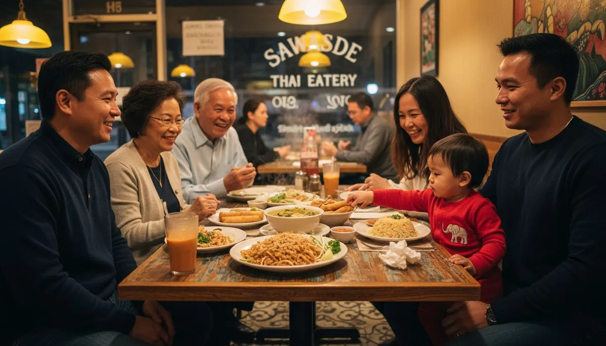 Family sharing Thai dishes at restaurant table