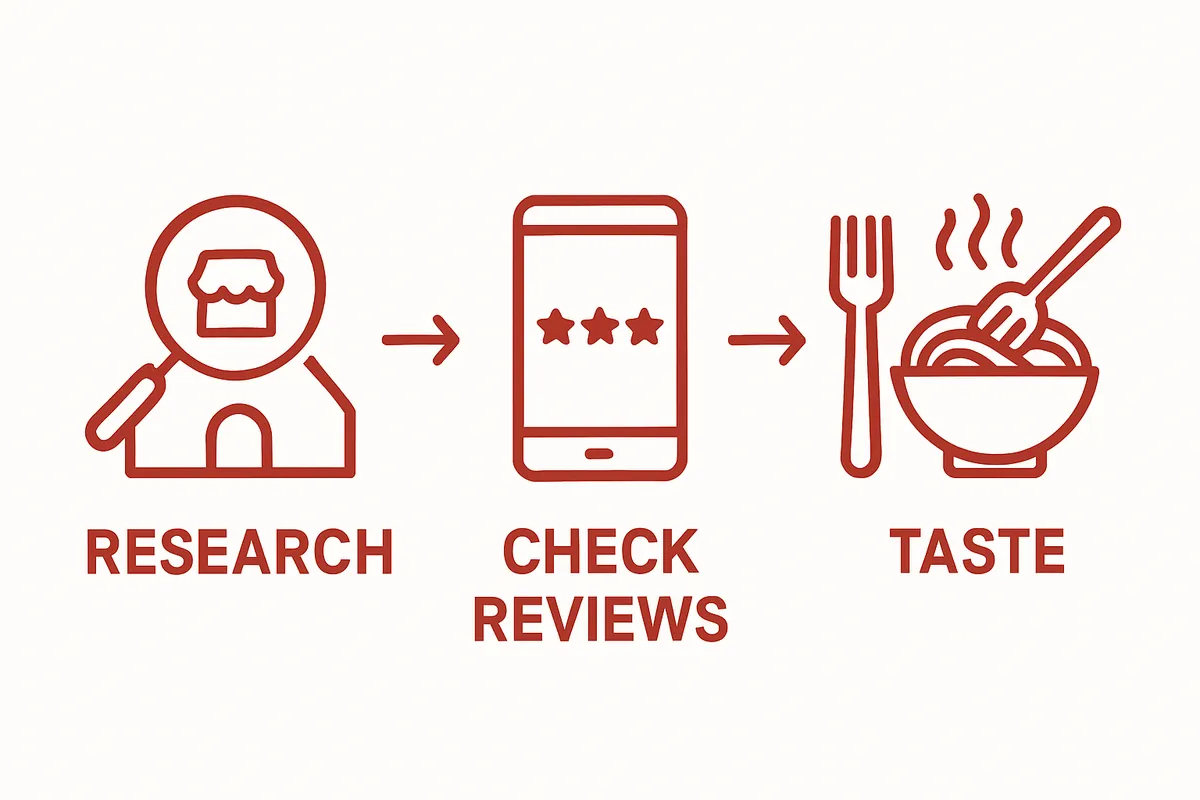 Infographic showing steps to find authentic Thai food: research, review, taste.