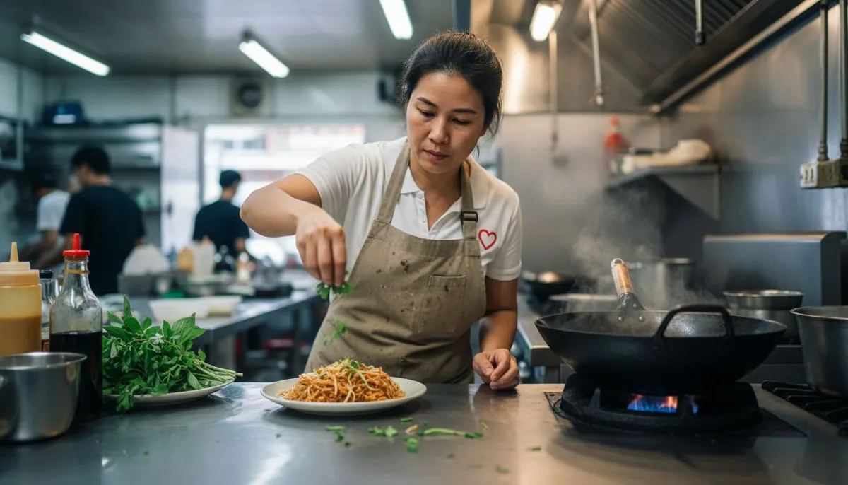 Thai chef using fresh herbs in kitchen