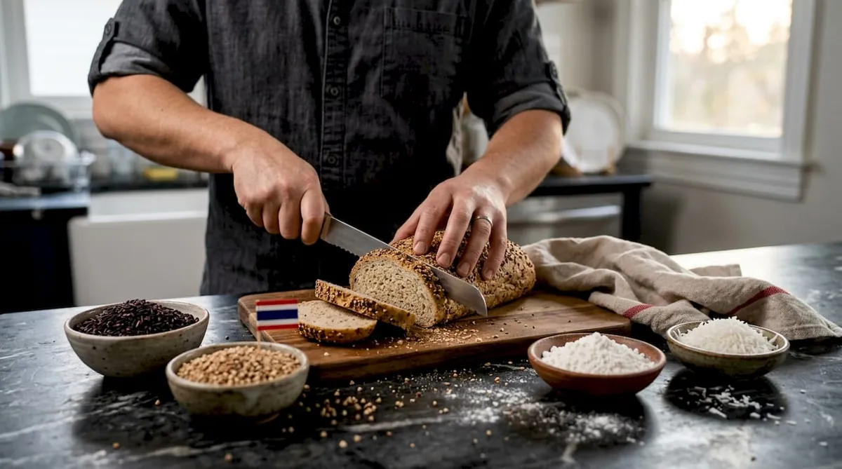 Hands slicing gluten-free bread with Thai grains