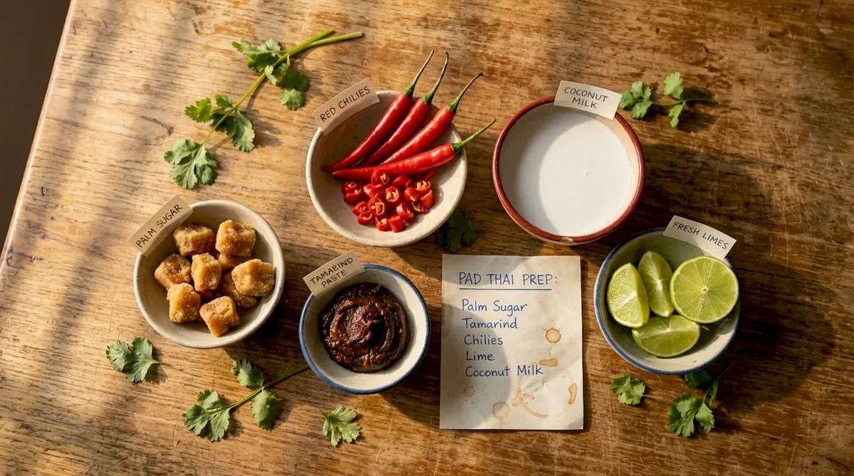 Thai ingredient bowls on wooden table