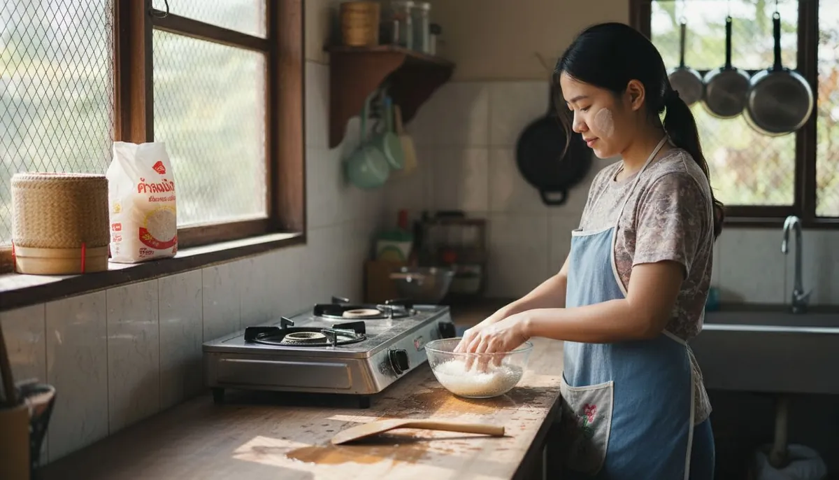 Home cook preparing Thai rice in sunny kitchen