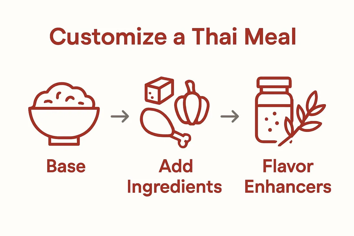 Simple visual flow: choose base, add proteins/veggies, enhance flavor