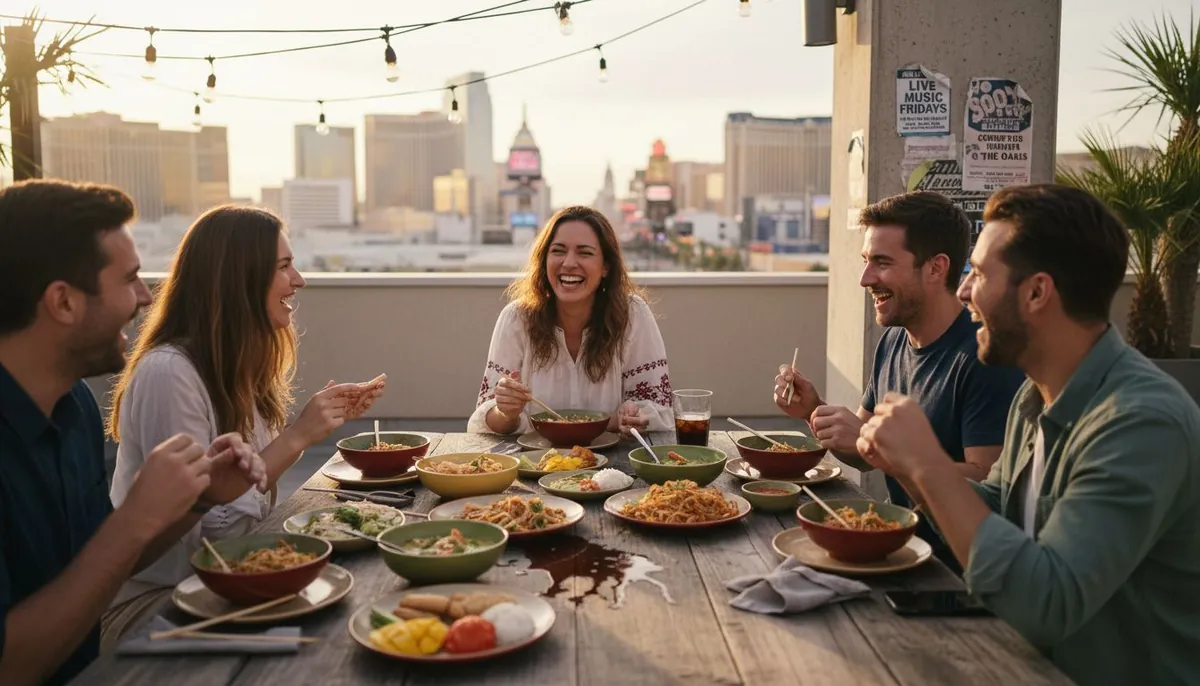 Friends enjoying Thai party on Las Vegas rooftop