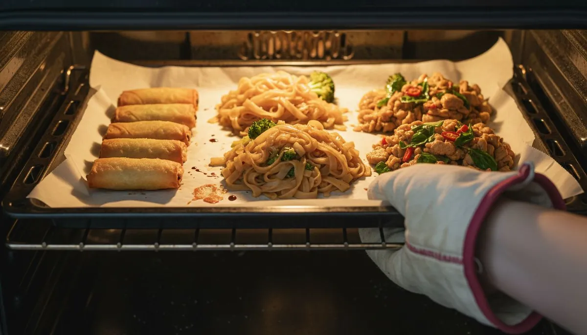 Thai takeout spread evenly on baking sheet