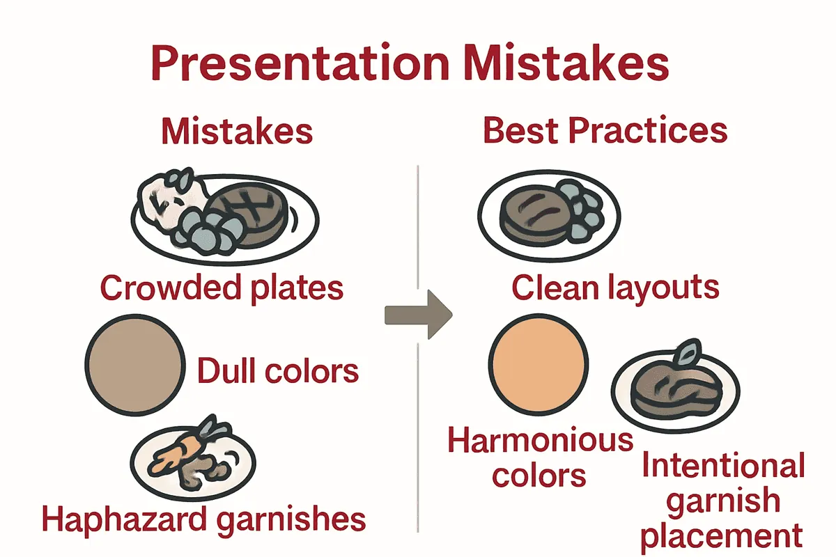 Comparison infographic showing food presentation mistakes and best practices.