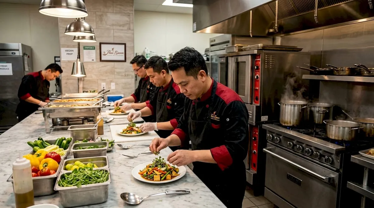 Chefs preparing meals in catering kitchen