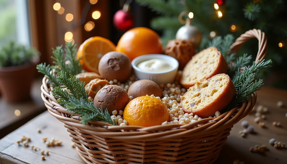 High angle view of a festive gift basket with gourmet treats and local crafts