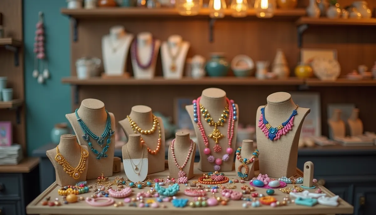 Eye-level view of a colorful artisan jewelry display in a boutique